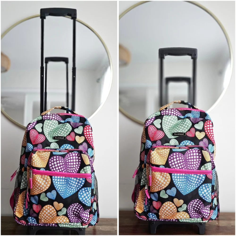 Rockland Rolling Backpack School Bag Travel Luggage Mesh Pockets New Heart 17″